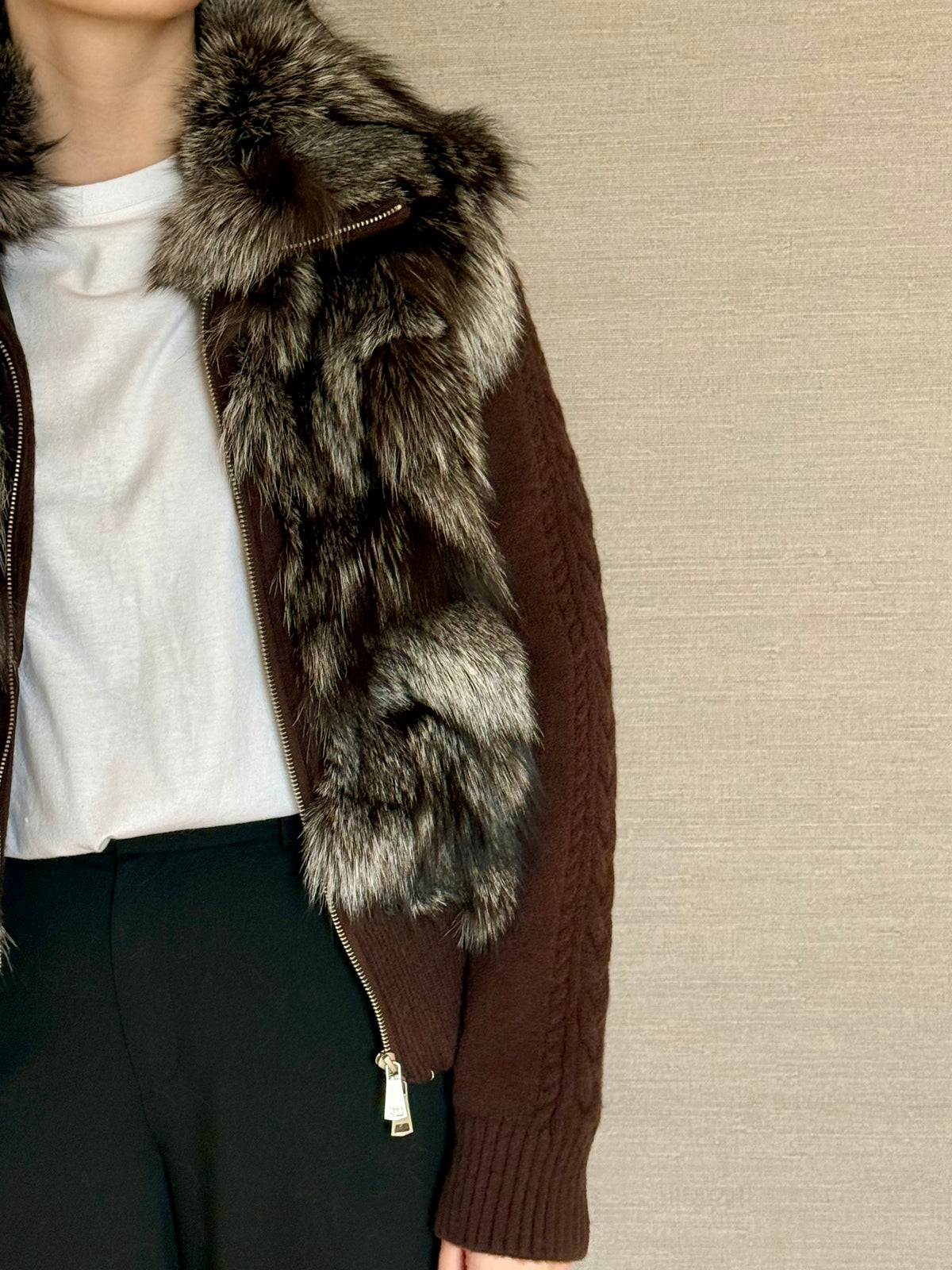 CONVERTIBLE KNIT FOX JACKET BROWN AND SILVER