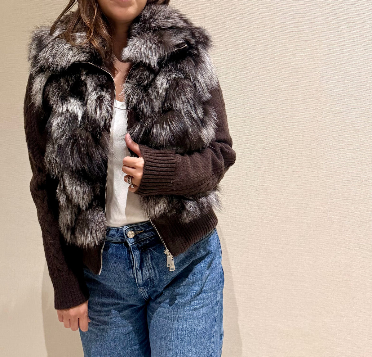 CONVERTIBLE KNIT FOX JACKET BROWN AND SILVER