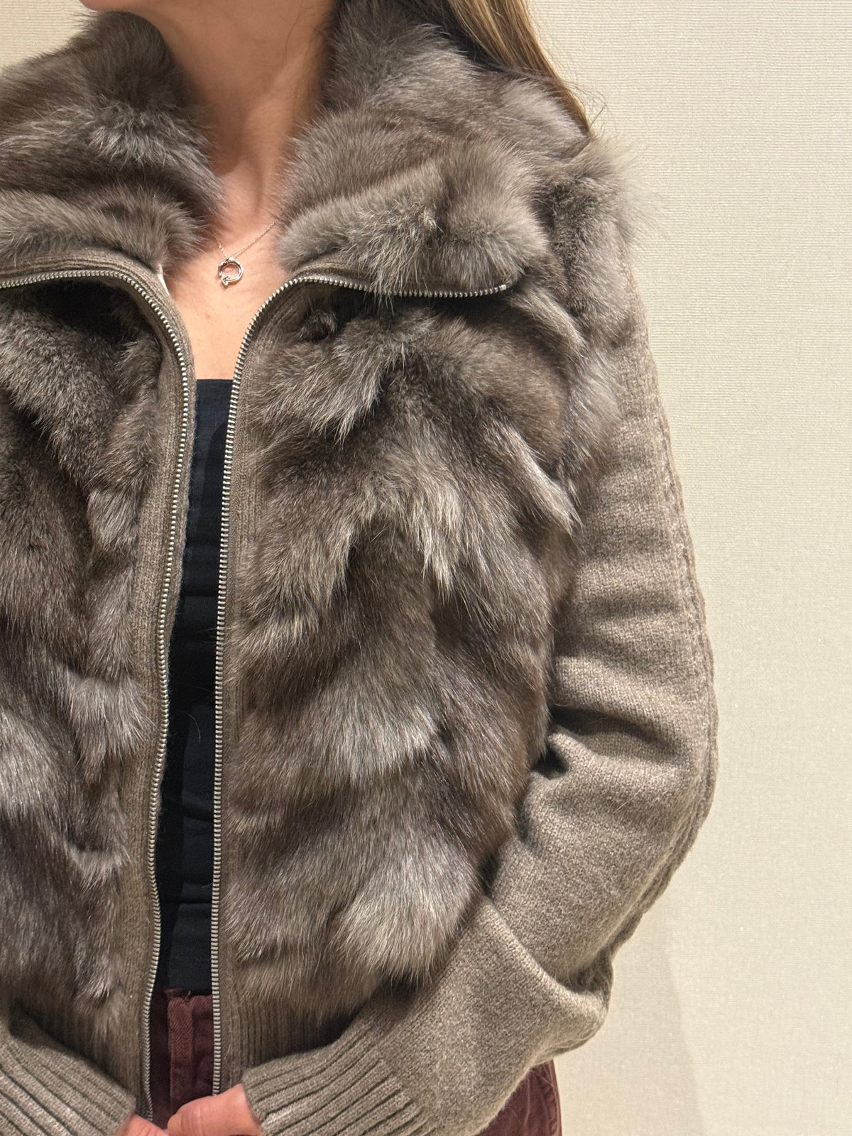 CONVERTIBLE KNIT FOX JACKET BROWN