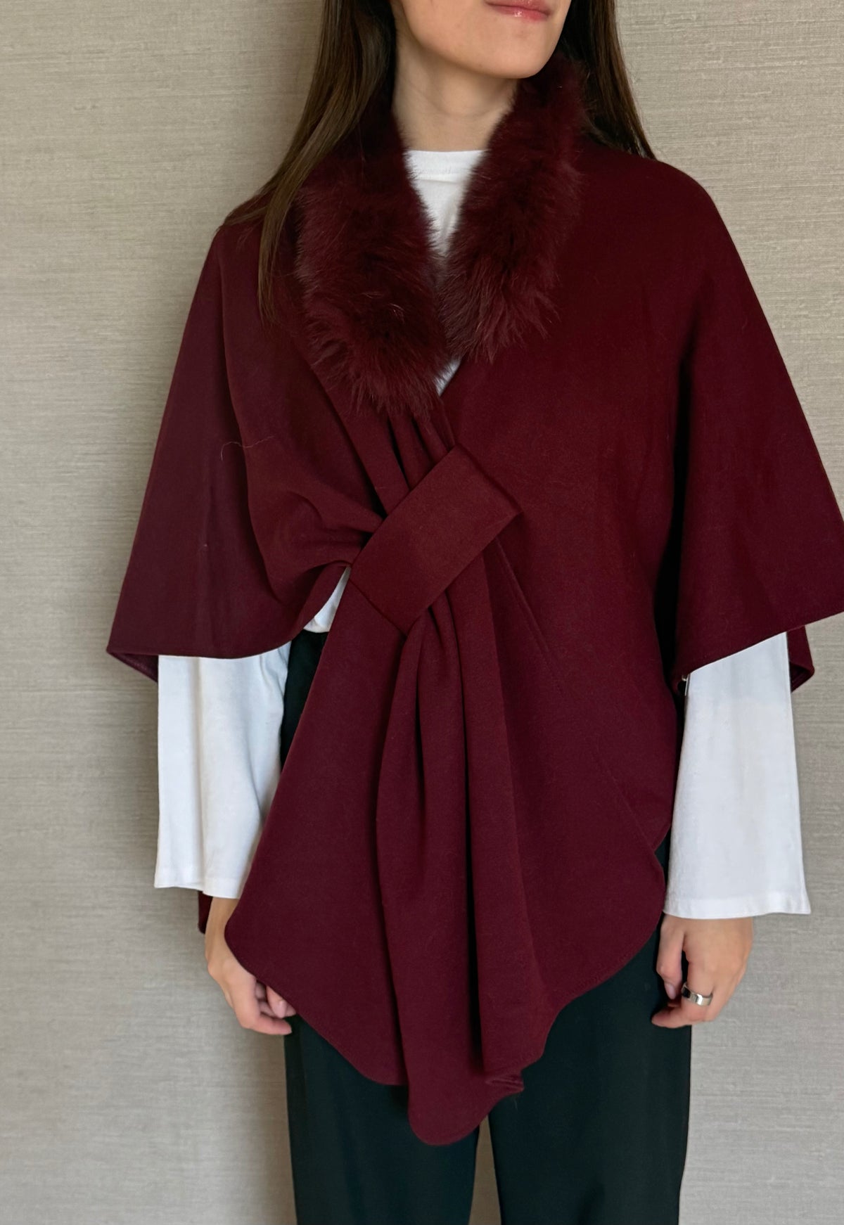 WOOL SHAWL FOX COLLAR BURGUNDY