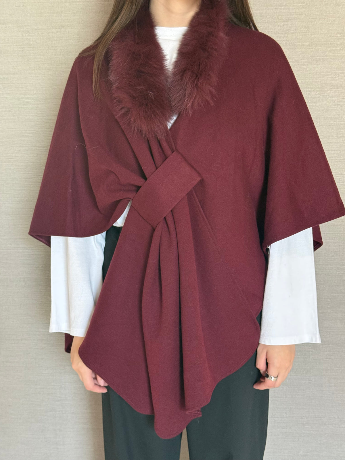 WOOL SHAWL FOX COLLAR BURGUNDY