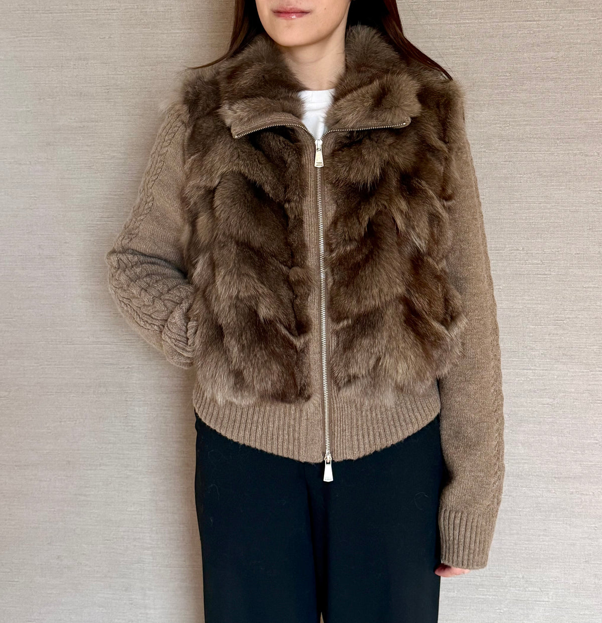 CONVERTIBLE KNIT FOX JACKET BROWN