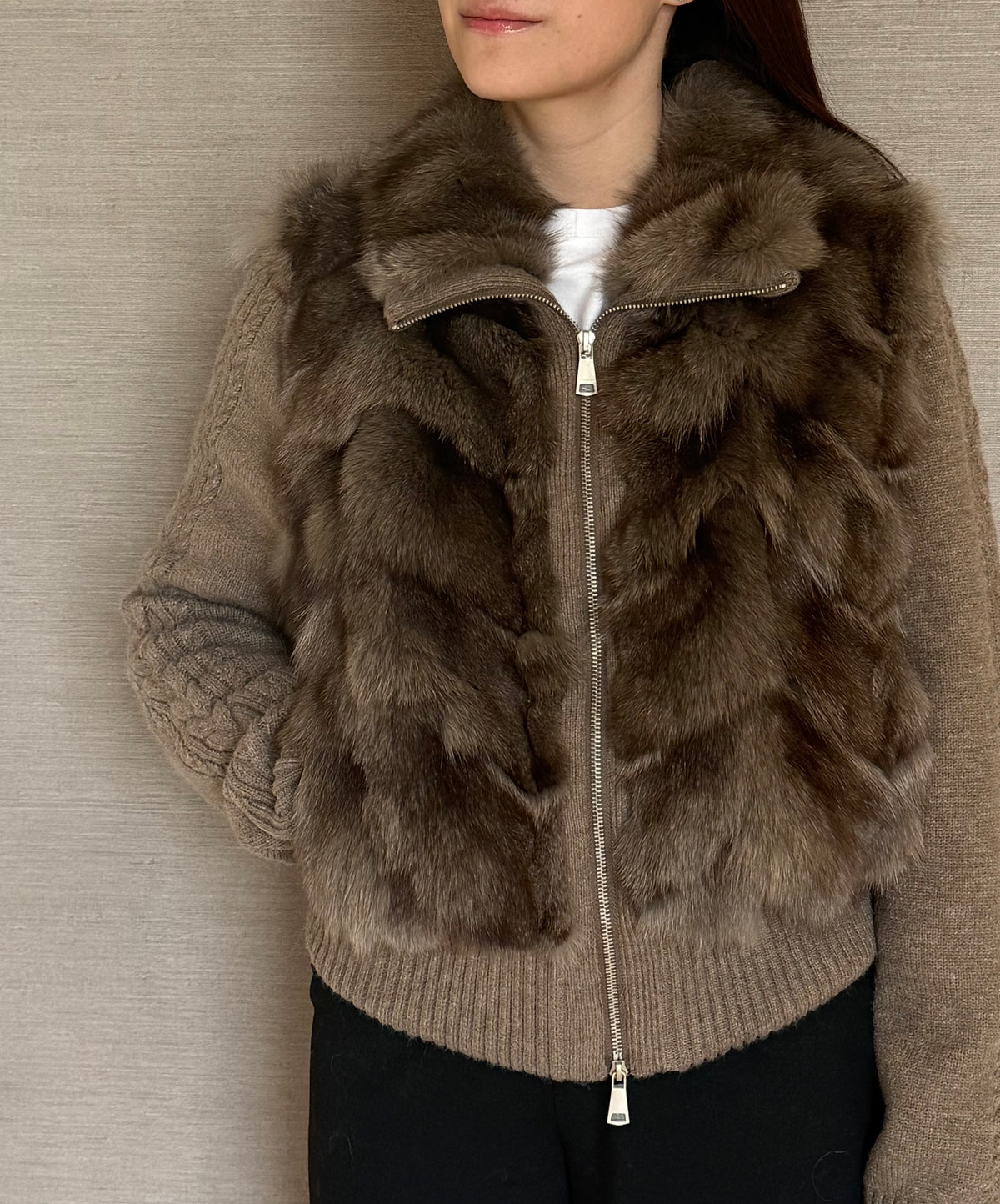 CONVERTIBLE KNIT FOX JACKET BROWN