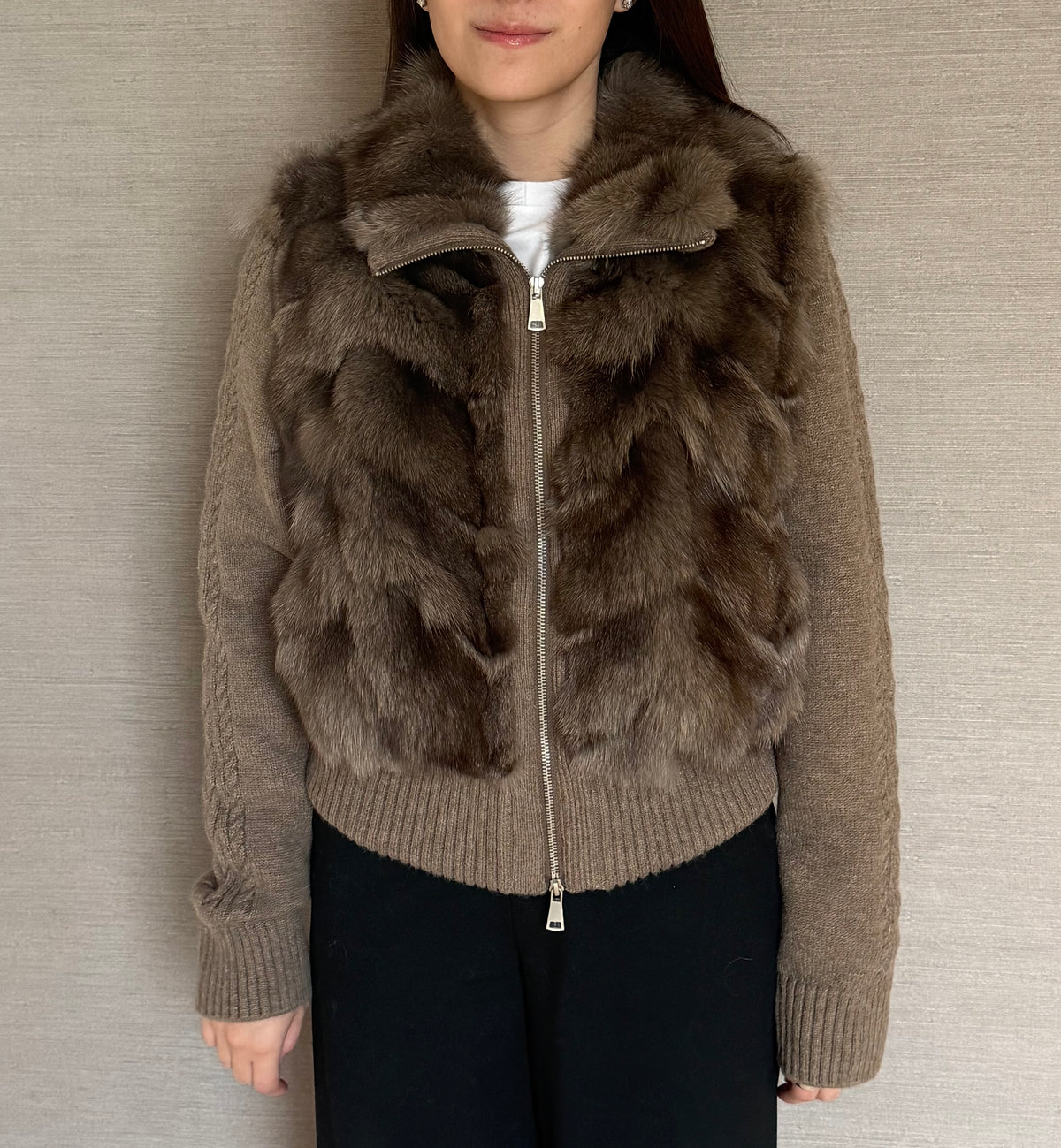 CONVERTIBLE KNIT FOX JACKET BROWN