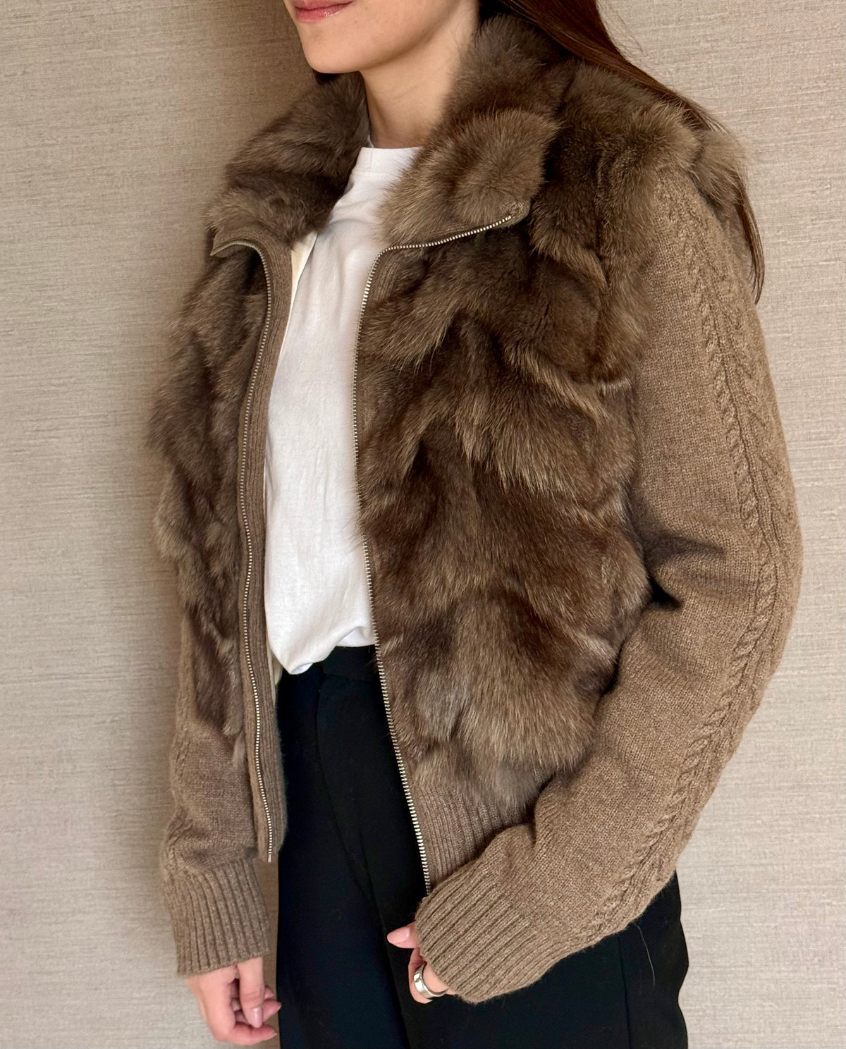 CONVERTIBLE KNIT FOX JACKET BROWN
