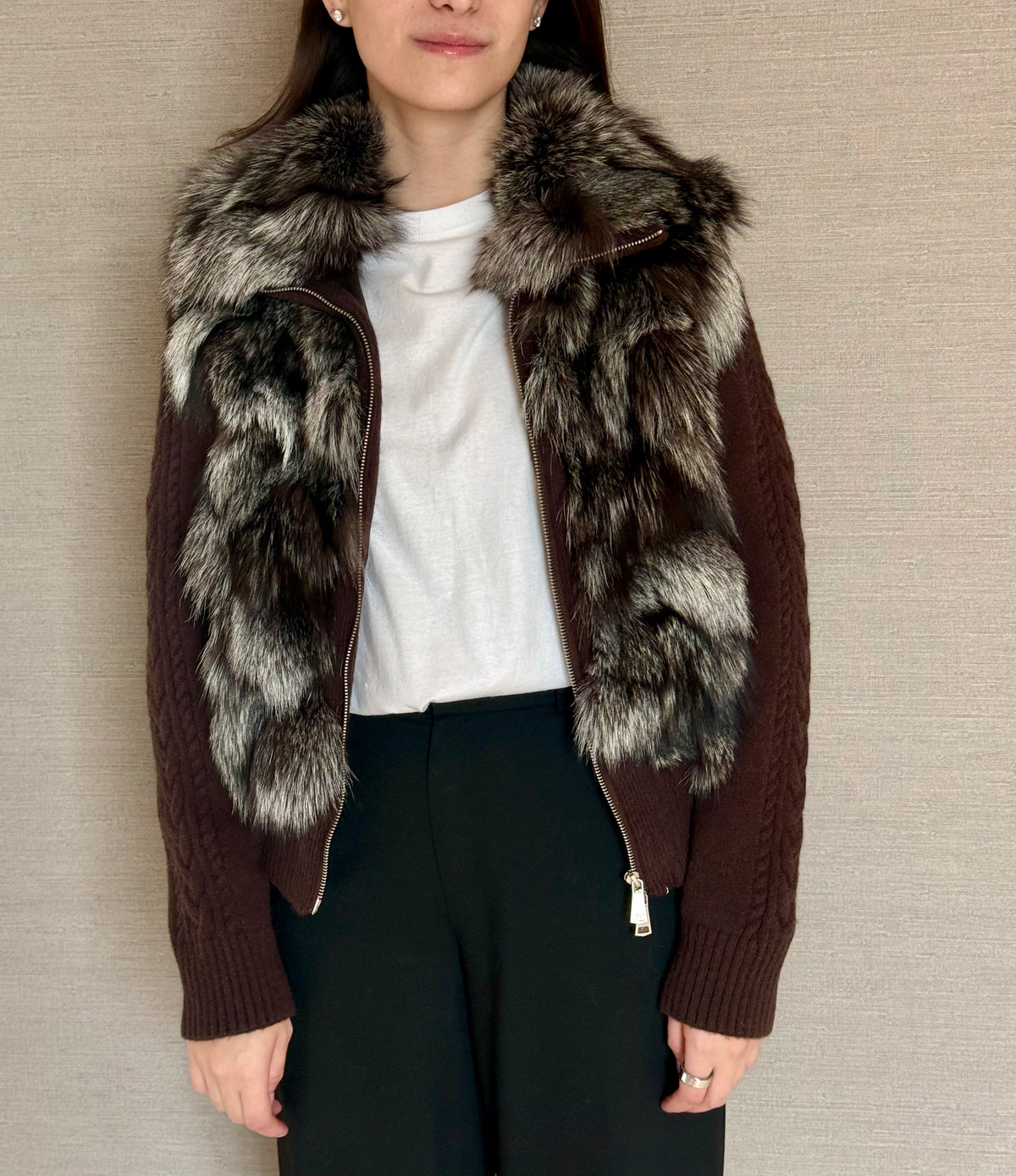 CONVERTIBLE KNIT FOX JACKET BROWN AND SILVER