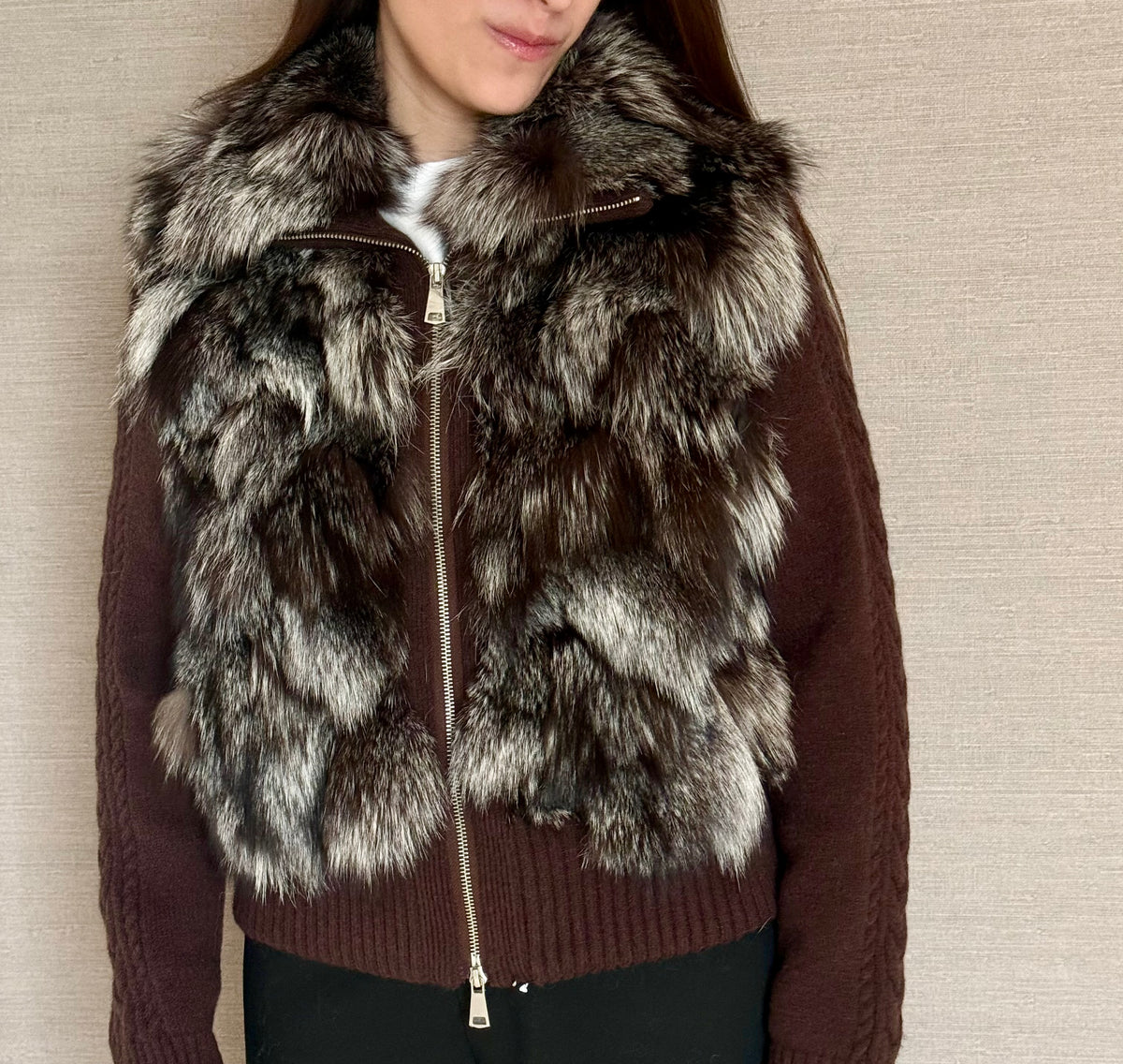 CONVERTIBLE KNIT FOX JACKET BROWN AND SILVER