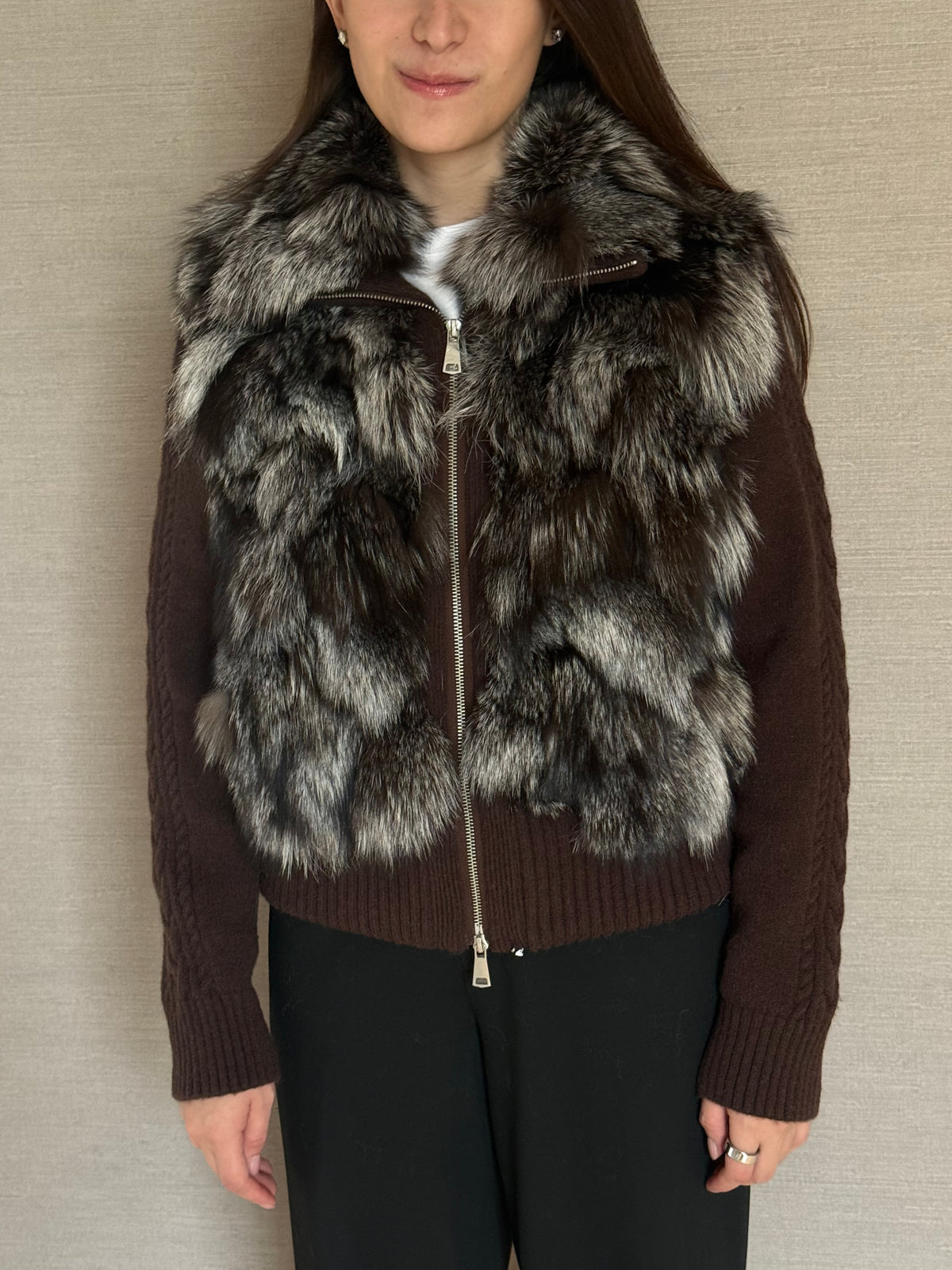 CONVERTIBLE KNIT FOX JACKET BROWN AND SILVER