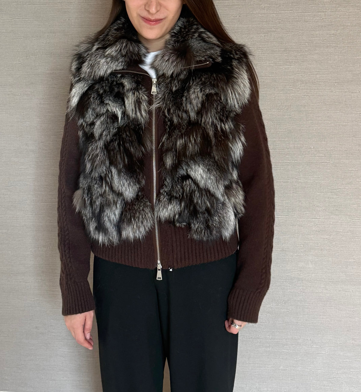 CONVERTIBLE KNIT FOX JACKET BROWN AND SILVER