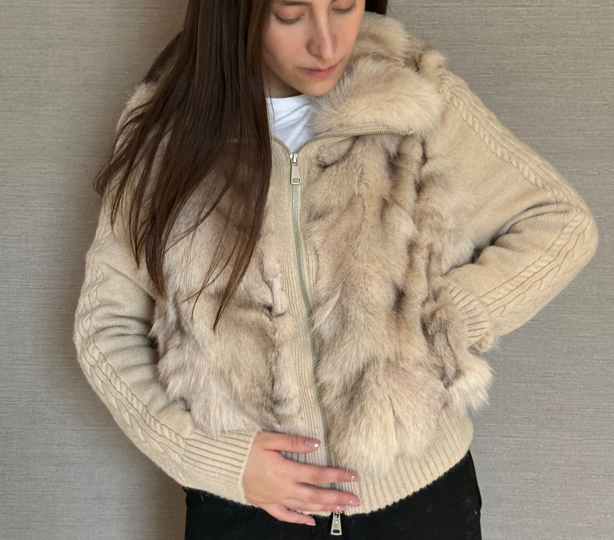 CONVERTIBLE KNIT FOX JACKET BEIGE