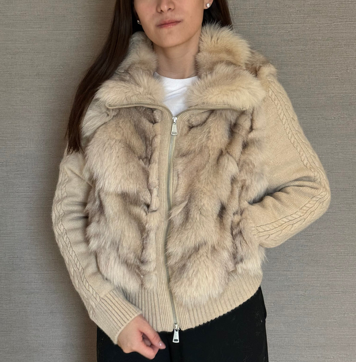 CONVERTIBLE KNIT FOX JACKET BEIGE