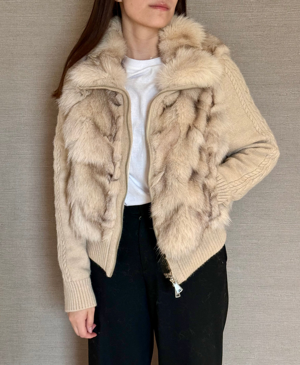 CONVERTIBLE KNIT FOX JACKET BEIGE